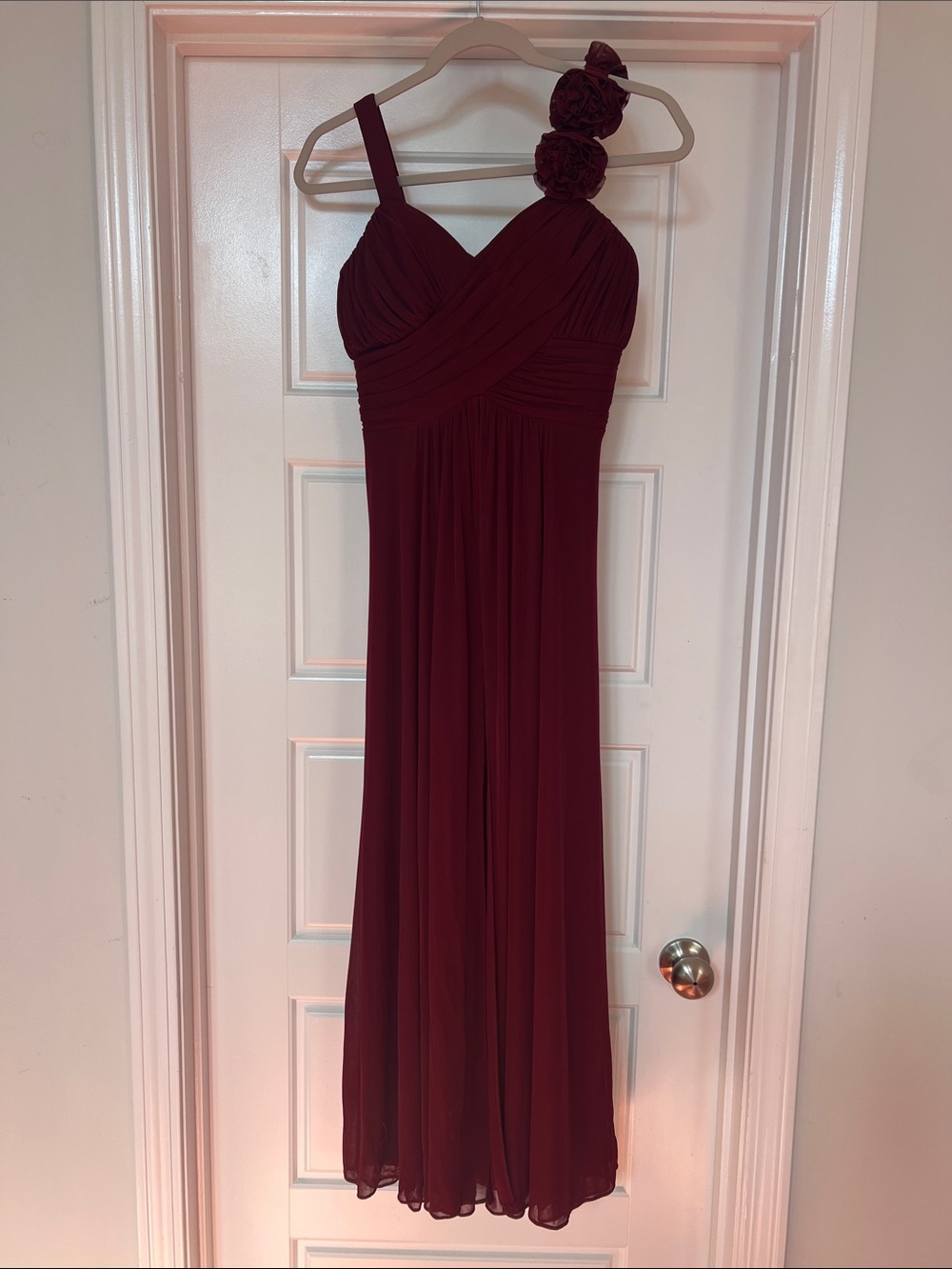 Dancing Queen Chiffon Maxi Dress Burgundy Asymmetric Double Strap Floral XS